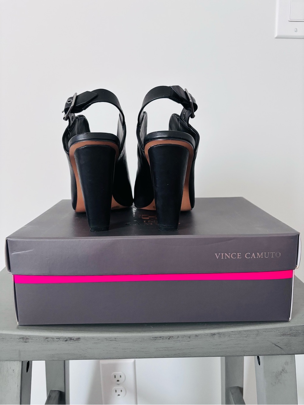 Vince Camuto Black Peep-Toe Slingback Heels with Ankle Buckle - Picture 4 of 7